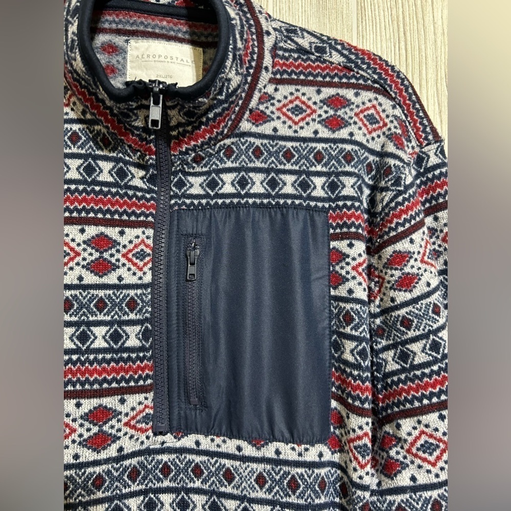 American Eagle Men’s Quarter Zip Sweater Fleece Blue Red Gray 2XL - Picture 5 of 12